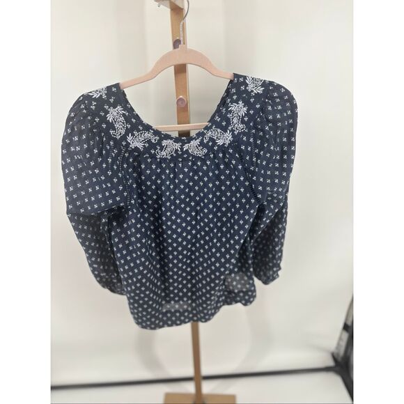 JCREW Point Sur embroidered block print peasant top Navy Women’s Size XS - Picture 5 of 10